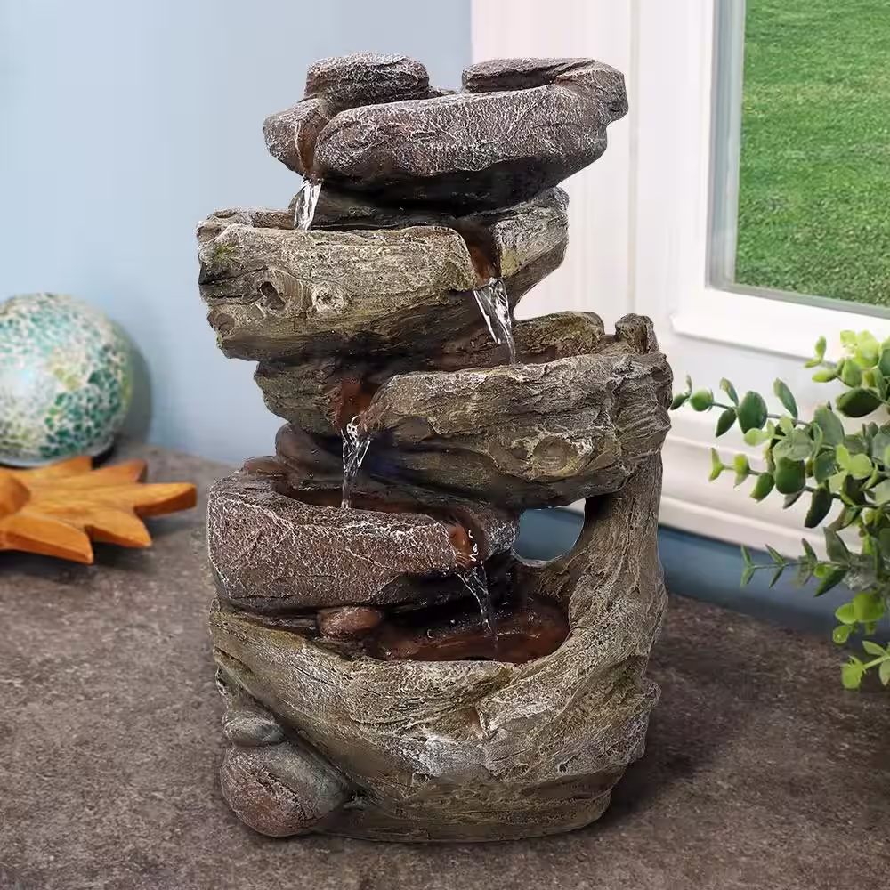Watnature 15 in. Indoor Tabletop Fountain with Lights  5-Tier Resin Crafted Stacked Rock Waterfall Feature for House Office Decor