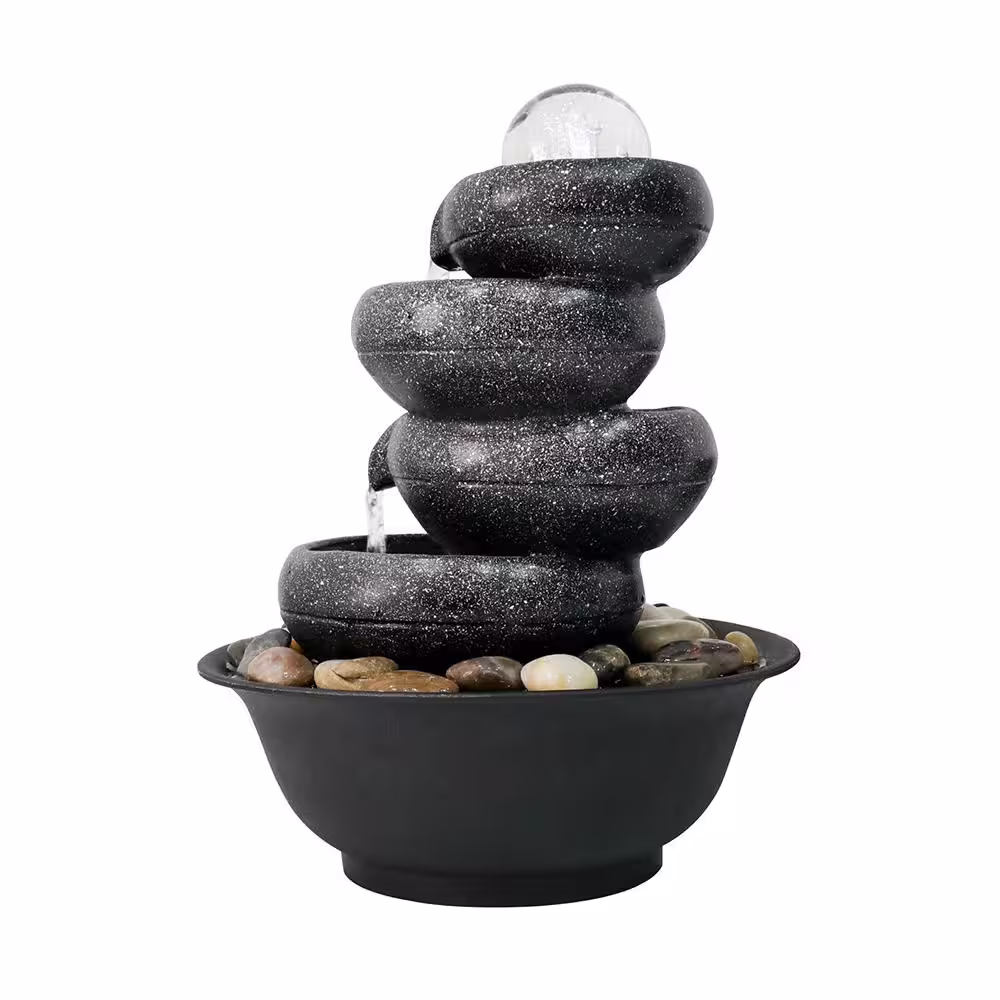 Watnature 11.4 in. Resin Cascading Indoor Tabletop Waterfall Fountain with LED Lights and Spinning Orb, 5-Tiers Blows Zen Fountain