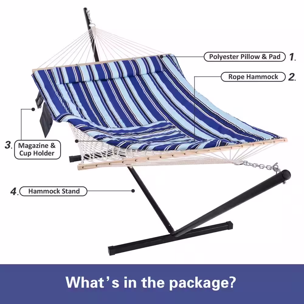 Atesun 10 ft. x 12 ft. Quilted Rope Hammock and 12 ft. Steel Stand with Detachable Pillow, Blue Stripe