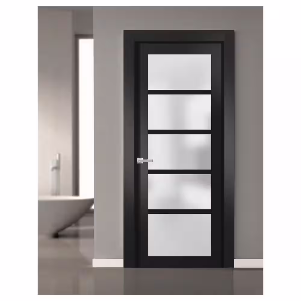 Sartodoors 4002 42 in. x 96 in. Single Panel No Bore Frosted Glass Black Finished Pine Interior Door Slab with Hardware
