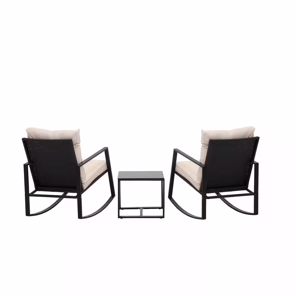 JUSKYS Black 3-Piece Wicker Outdoor Bistro Set Rocking Chairs with Beige Cushion