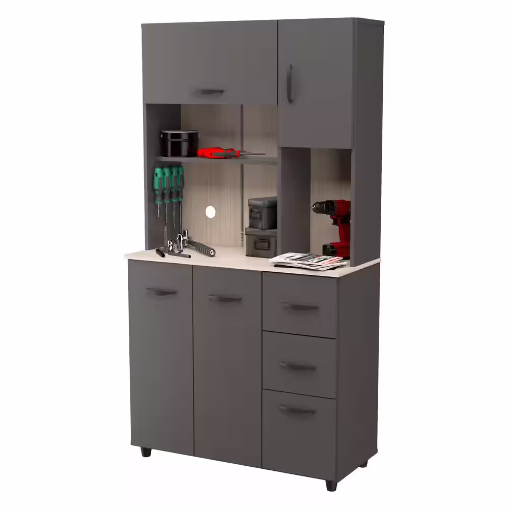 Inval 4 Slab Door Dark Gray-Maple Ready to Assemble Microwave Storage Utility Cabinet (35 in. W x 66.1 in. H x 15.4 in. D)