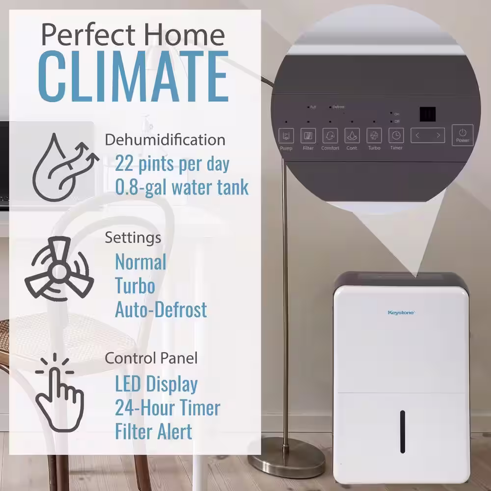 Keystone Energy Star 22 pt. up to 1,500 sq.ft. Dehumidifier with LED Display Timer in. White
