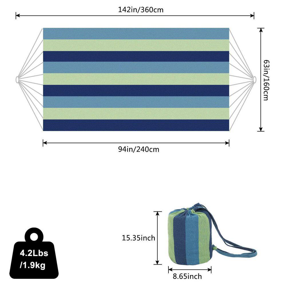 None 11.8 ft. Portable Double Hammock for Outdoor Indoor in Blue/Green Stripe