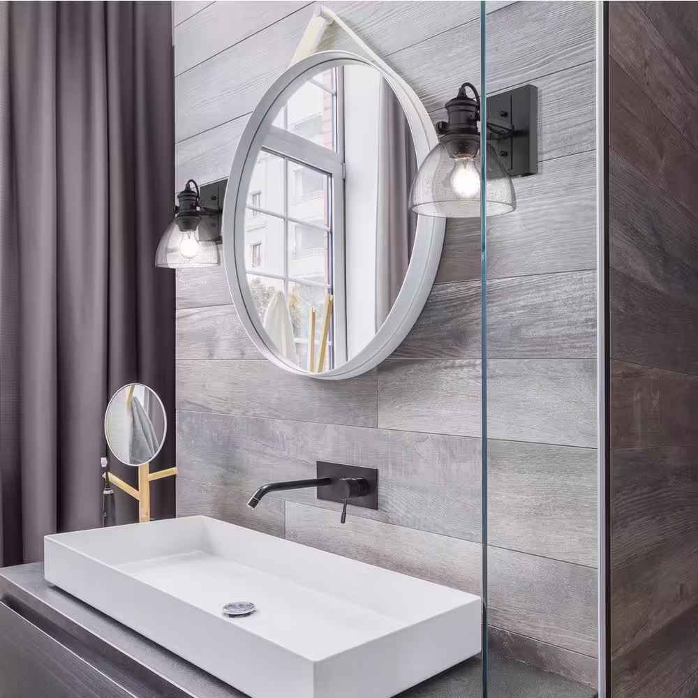 Golden Lighting Hines 1-Light Black and Seeded Glass Bath Light