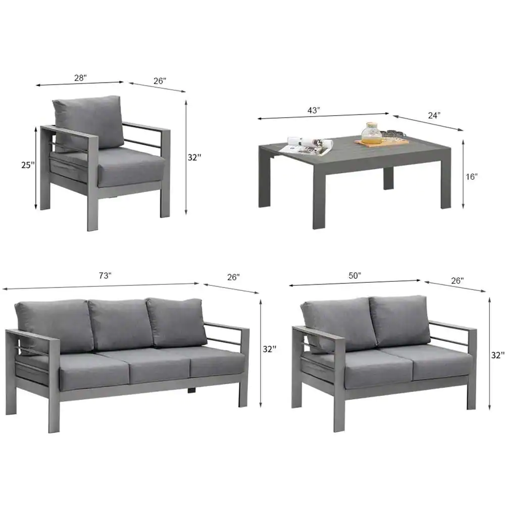 SUNVIVI Grey 5-Piece Aluminum Patio Conversation Set with Dark Grey Cushions