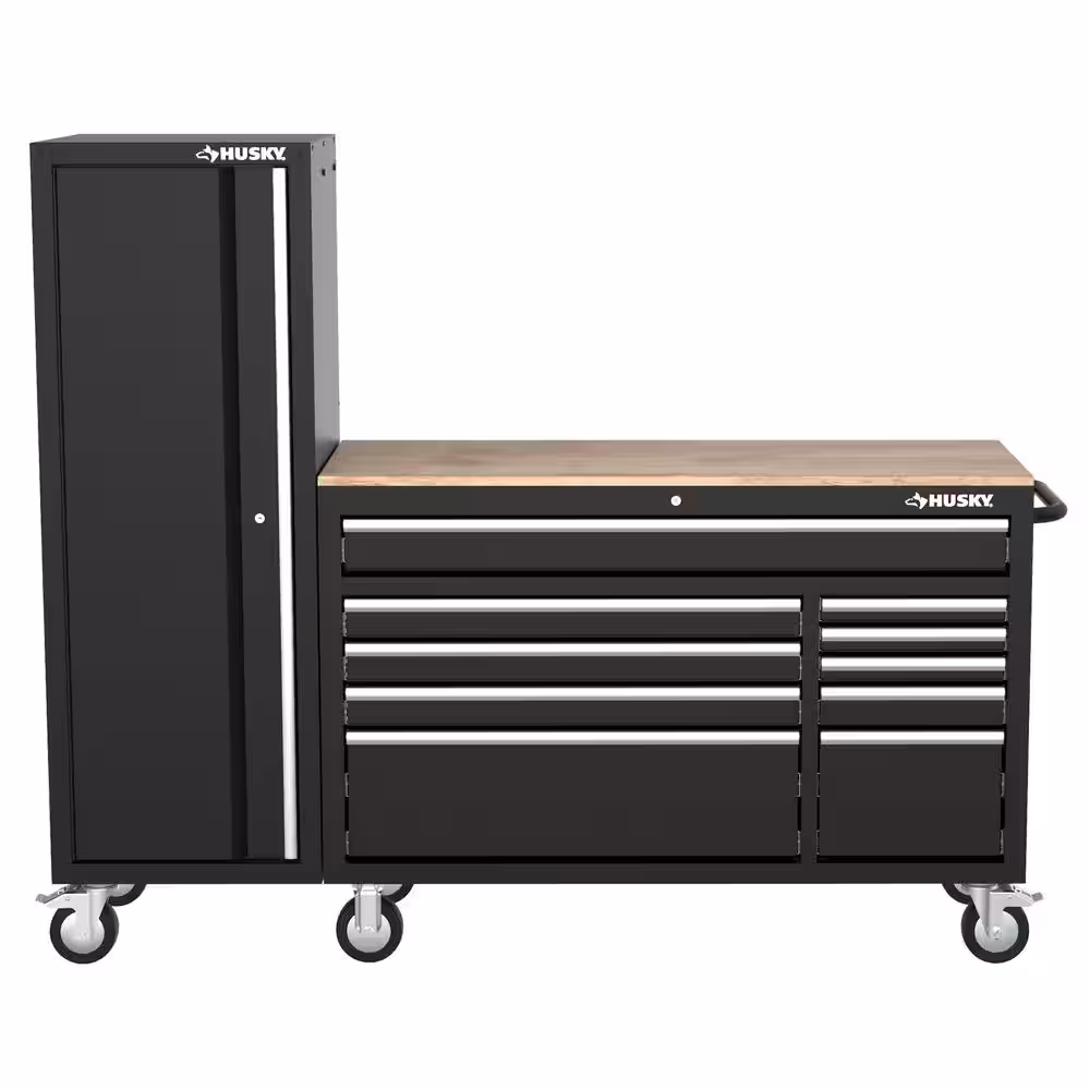 Husky Modular 72 in. W 10-Drawer Black Mobile Workbench Cabinet  with 20 in. Side Locker