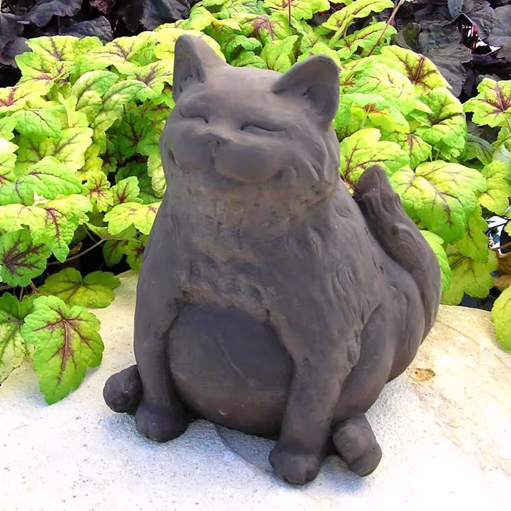 None Cast Stone Happy Fat Cat Garden Statue - Antique Gray