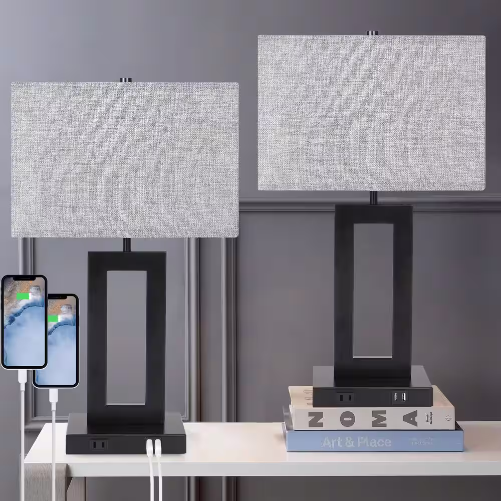 None 20 in. Gray Bedside Table Lamp with Linen Shade