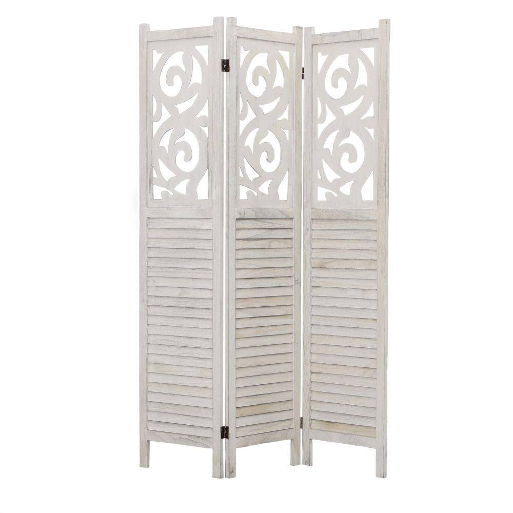 THE URBAN PORT 67 In. Washed White 3 Panels Paulownia Wood Divider Screen with Ornate Scrolled Shutter Design