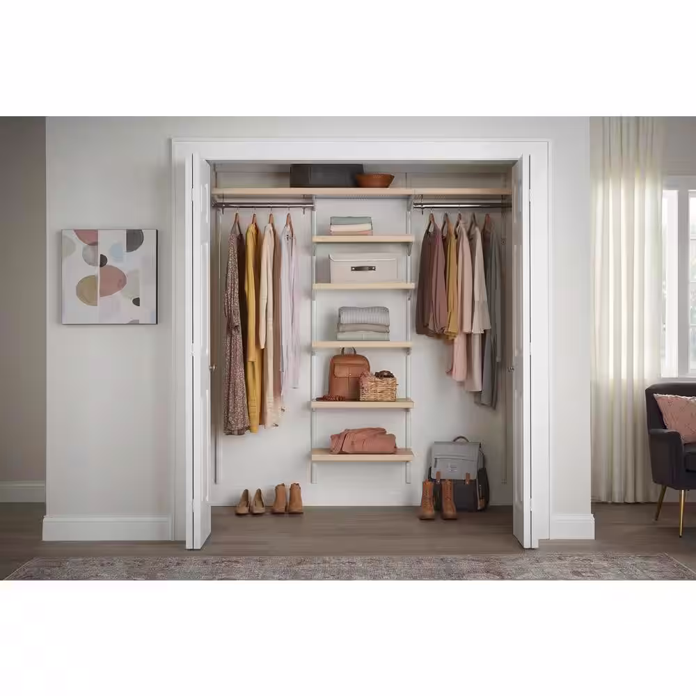 Everbilt Genevieve 6 ft. Birch Adjustable Closet Organizer Double Long Hanging Rods with 6 Shelves