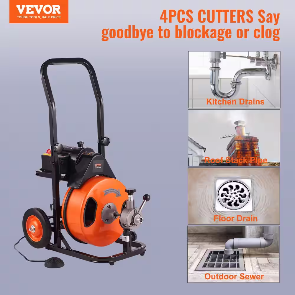 None Drain Cleaning Machine 100 ft. x 1/2 in. Drain Auger Cleaner Auto Feed with Sewer Snake 4 Cutter for 1 in. to 4 in. Pipe