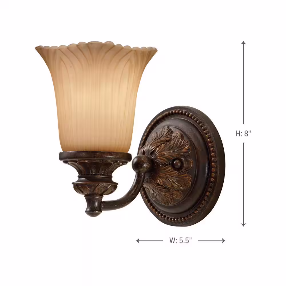 Generation Lighting Emma 5.5 in. W x 8 in. H 1-Light Grecian Bronze Sconce with Cream Etched Glass Shade and Vintage Ornate Backplate