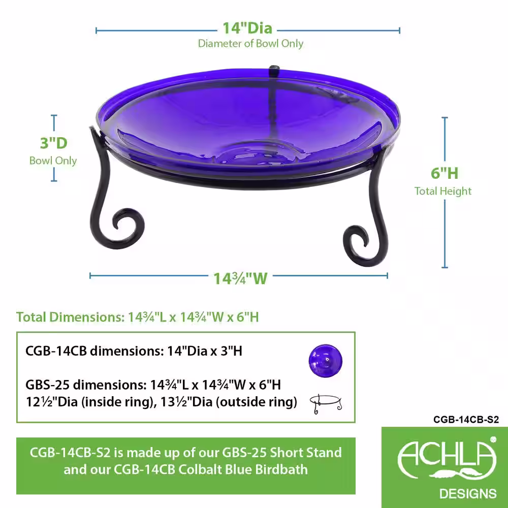Achla Designs 14 in. Dia Cobalt Blue Reflective Crackle Glass Birdbath Bowl with Short Stand II