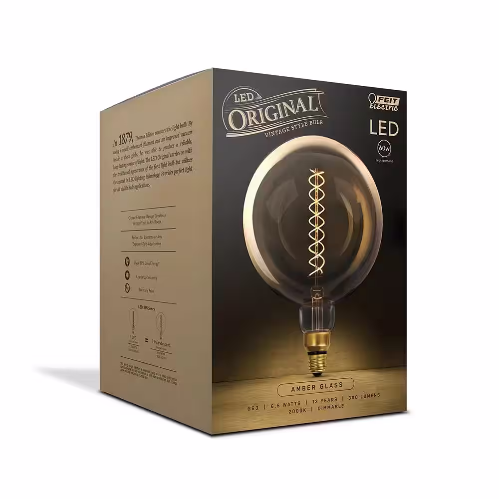 Feit Electric 60-Watt Equivalent G63 Dimmable Spiral Filament Oversized Amber Glass E26 Vintage Edison LED Light Bulb, Warm White