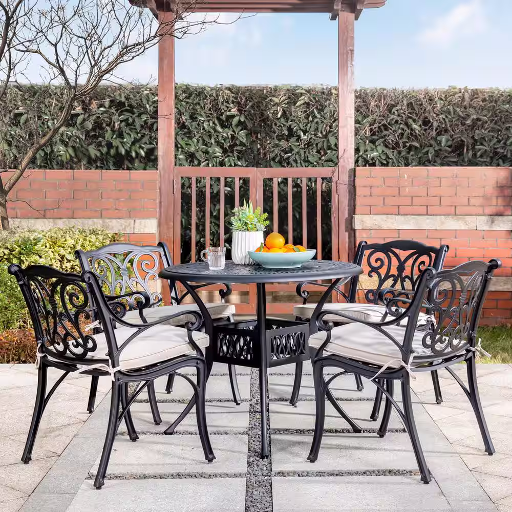 Glitzhome 5-Piece Cast Aluminum Outdoor Dining Set with Beige Cushions and Olefin Fabr Alternative Wine Red Cushion Covers