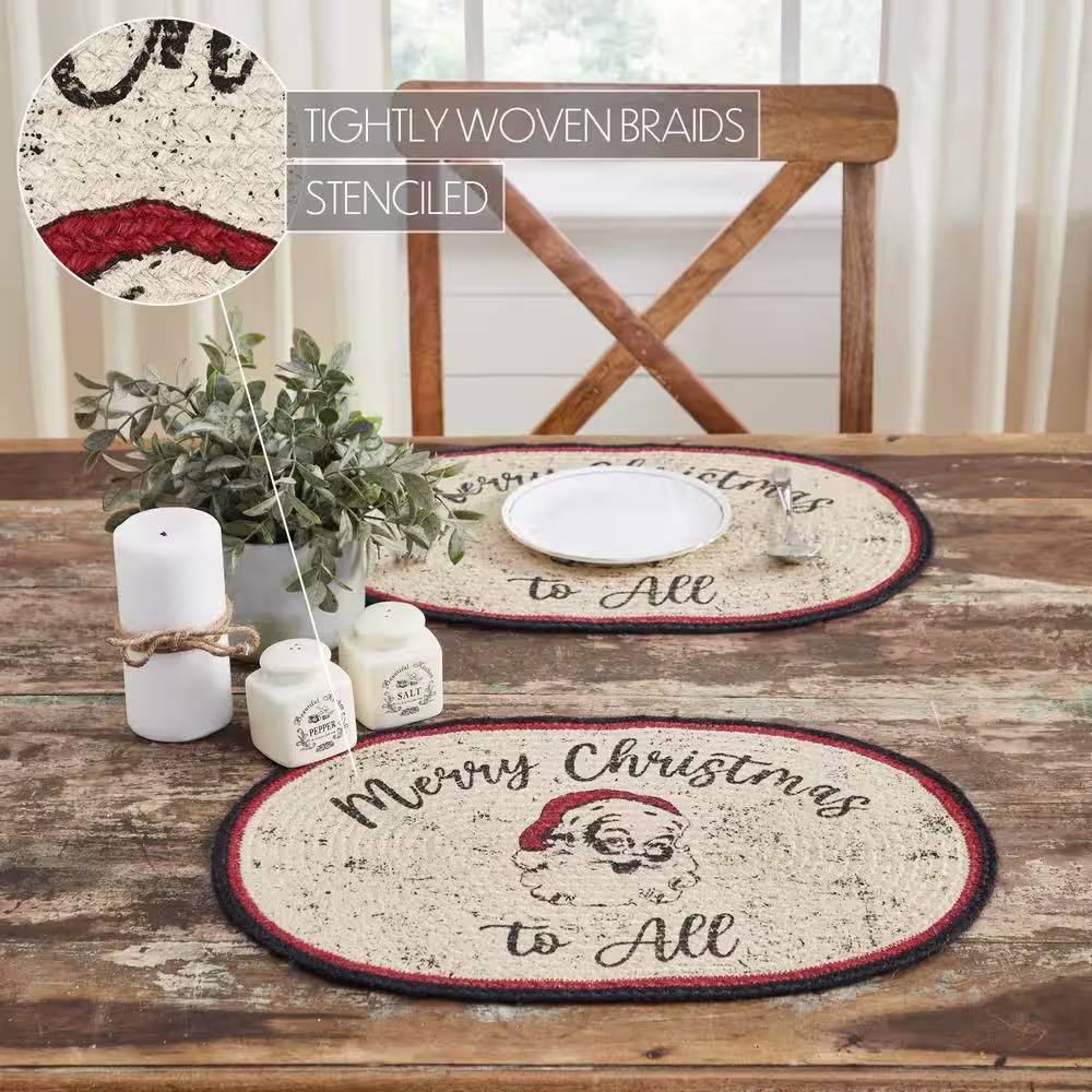 VHC Brands Jolly Ole Santa 13 in. x 19 in. Cream Red Black Jute Oval Placemat