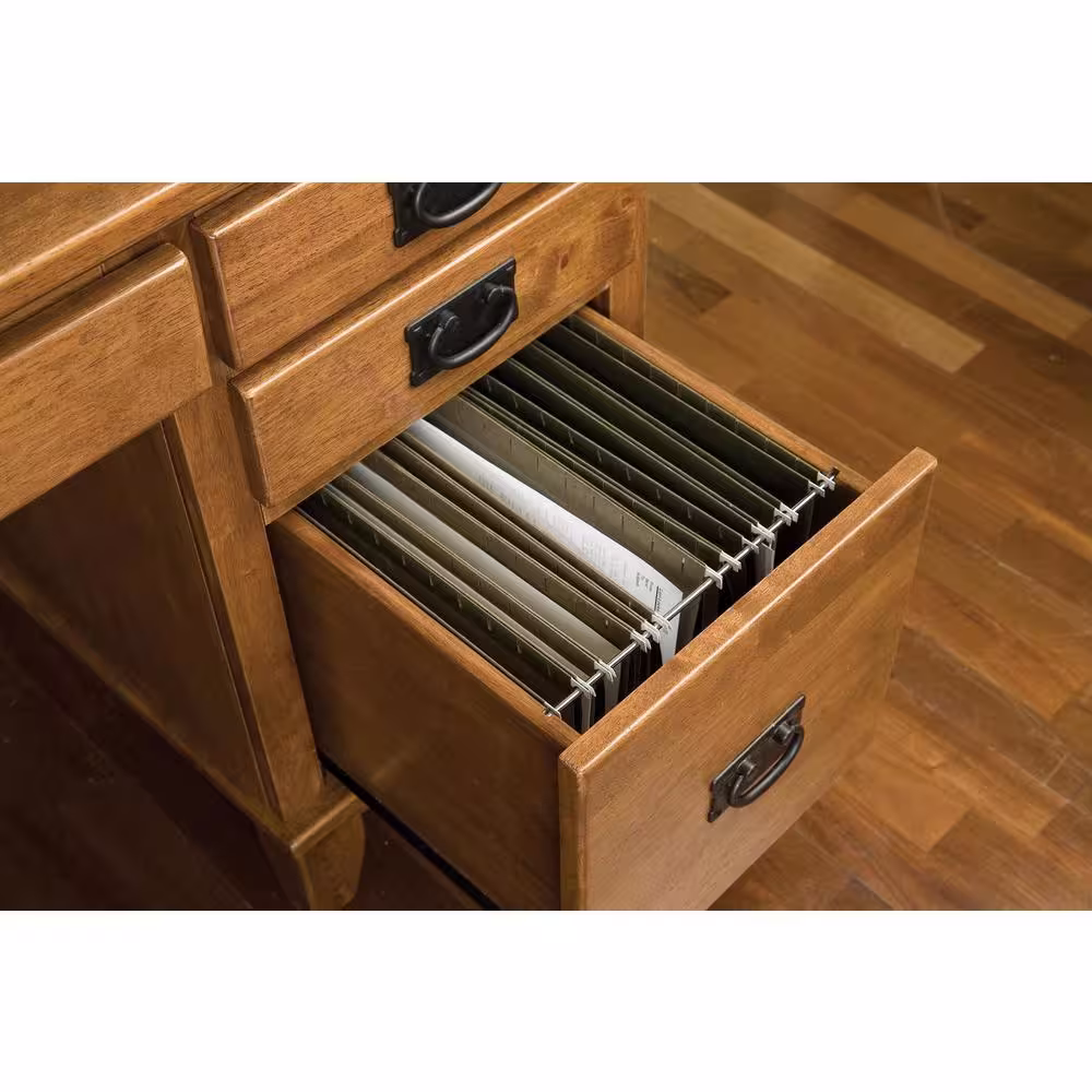 HOMESTYLES Arts and Crafts 58 in. Rectangular Oak 5-Drawer Computer Desk