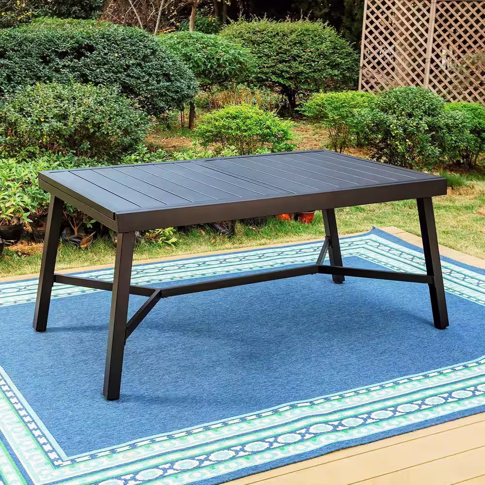 None Black 9-Piece Metal Outdoor Patio Dining Set with Slat Extendable Table and High Back Padded Textilene Chairs