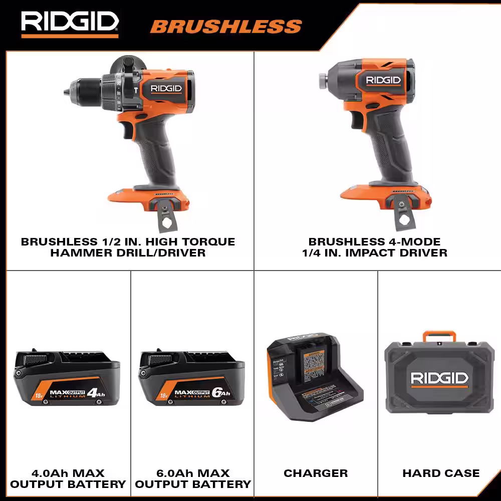 RIDGID 18V Brushless 2-Tool Combo Kit with 6.0 Ah and 4.0 Ah MAX Output Batteries, Charger, and Hard Case
