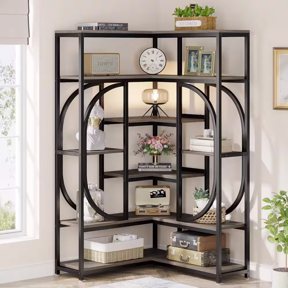None Eulas 35.43 in. Wide Rustic Gray 14 shelf Industrial L-Shaped Corner Bookcase with Open Back