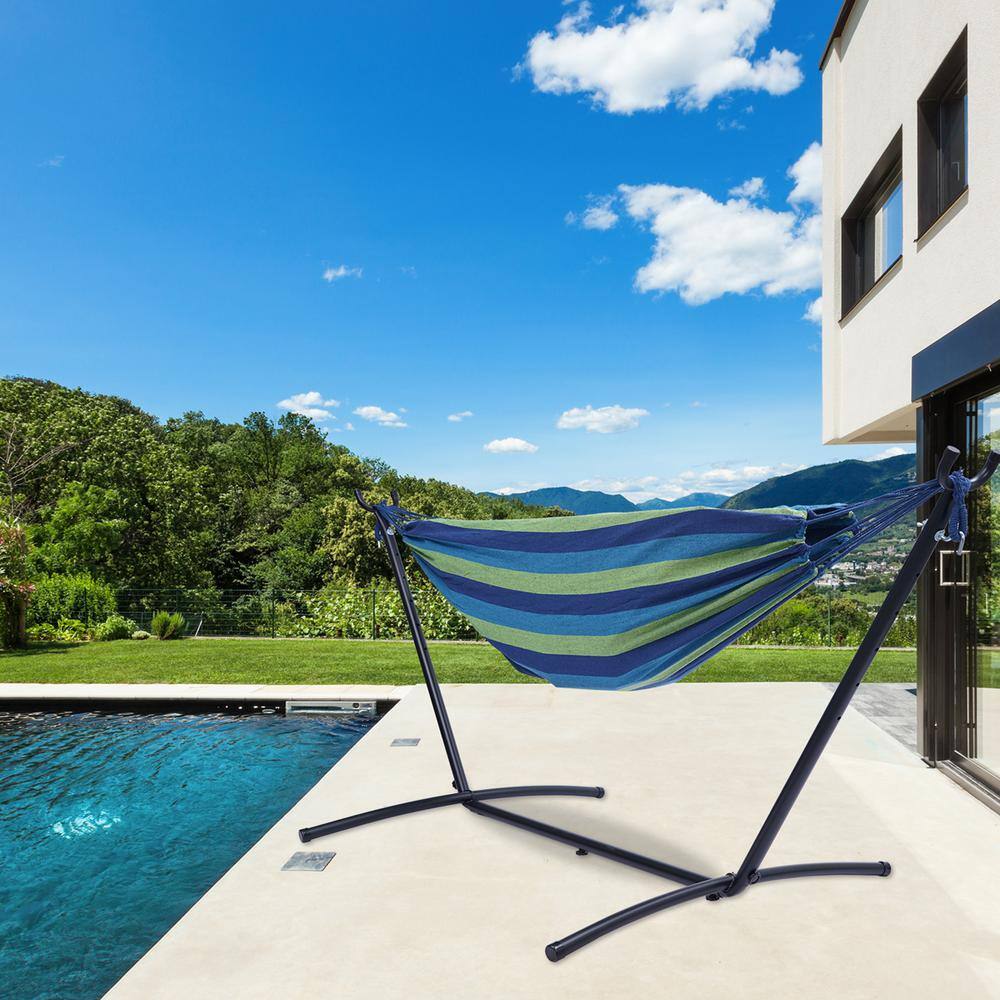 None 9.3 ft. Free Standing Hammock with Stand in Blue Green Striped