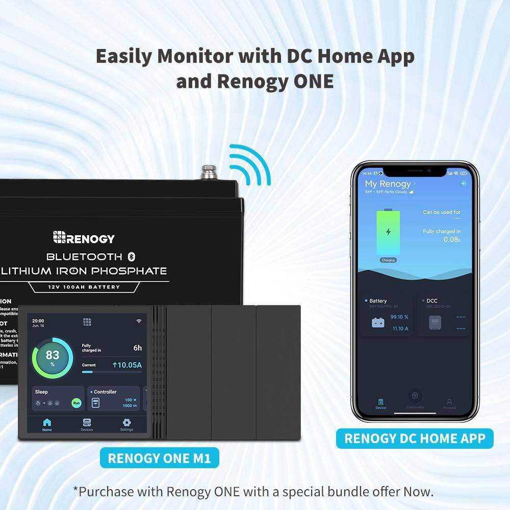 Renogy 12V 100Ah LiFePO4 Deep Cycle Lithium Battery Built-In Bluetooth, w/1 x One M1 All-in-One Smart Panel for Off-Grid Home