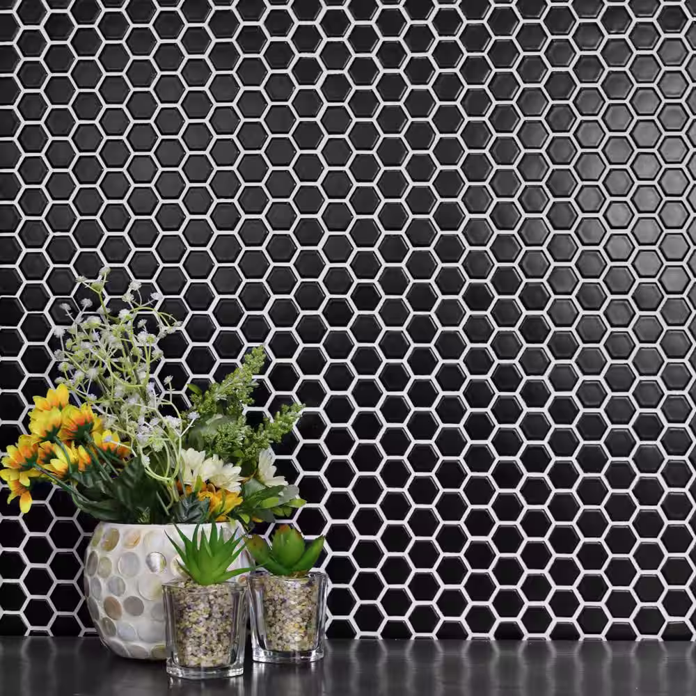 Merola Tile Metro 1 in. Hex Matte Black 10-1/4 in. x 11-7/8 in. Porcelain Mosaic Tile (8.6 sq. ft./Case)