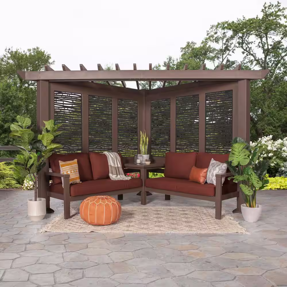 Backyard Discovery Hillsdale 8 ft. x 8 ft. Brown Steel Traditional Cabana Pergola with Conversation Seating in Terra Cotta
