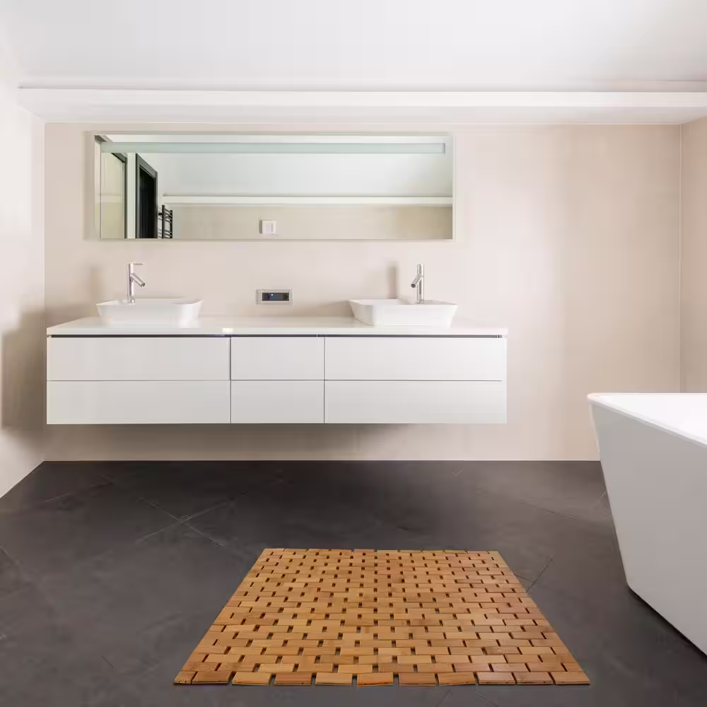 Basicwise 27.25 in. x 19.75 in. Brown Foldable Bamboo Bath Mat Natural Anti-Slip Rug, Flooring Solution for Bathroom Vanity Decor