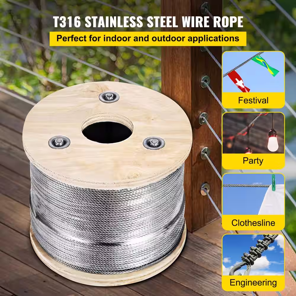 VEVOR 500 ft. x 1/8 in. Cable Railing Kit 1700 lbs. Loading T316 Stainless Steel Wire Rope with 7x7 Strands for Deck Stair