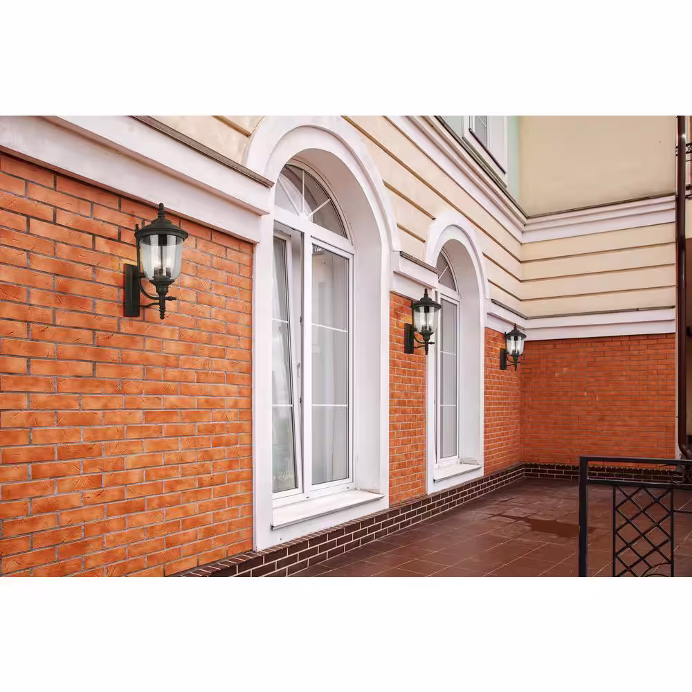 Eglo Pinedale 12.87 in. W x 22.36 in. H 3-Light Matte Bronze Outdoor Wall Lantern Sconce with Clear Seedy Glass Shade