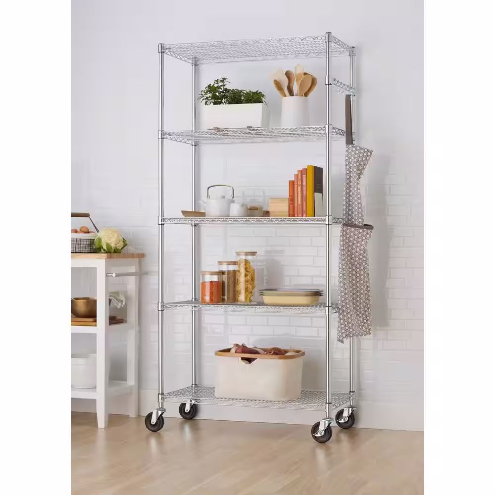 TRINITY EcoStorage Chrome 5-Tier Rolling Steel Wire Shelving Unit (36 in. W x 77 in. H x 18 in. D)