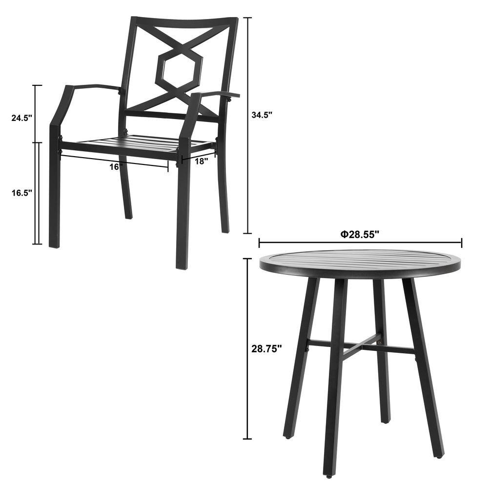 Nuu Garden 3-Piece Outdoor Patio Bistro Set With Round Coffee Table and Stackable Armchair Black