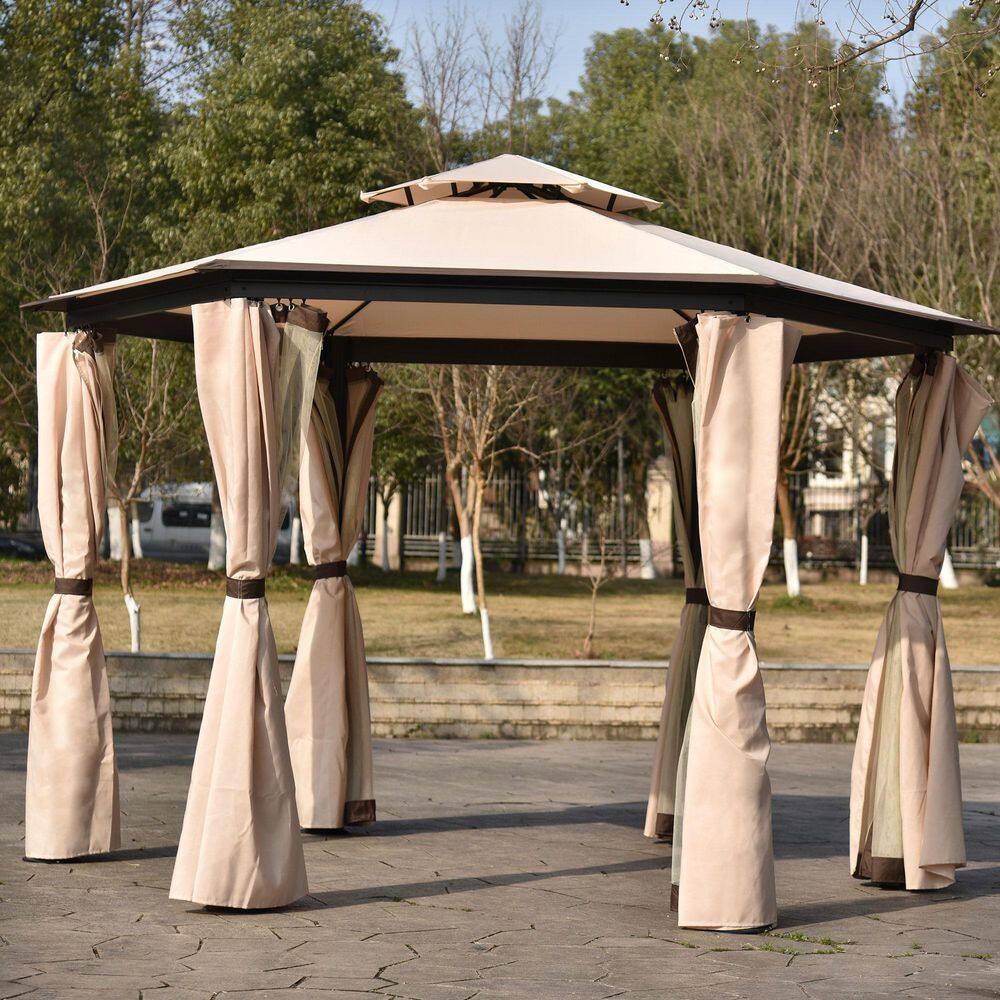 None 11.8 ft. x 11.8 ft. Iron Patio Outdoor Gazebo Double Roof Soft Canopy Garden Backyard Gazebo with Mosquito Netting