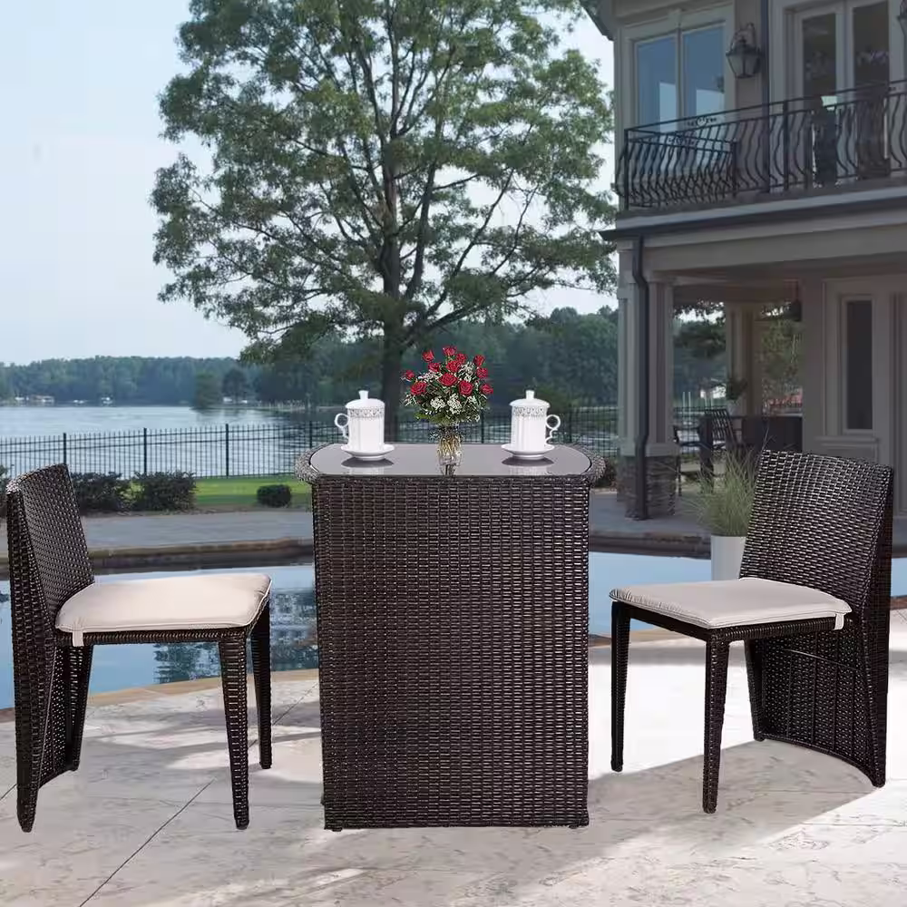 SUNRINX 3-Piece Brown Wicker Outdoor Bistro Set with Beige Cushions