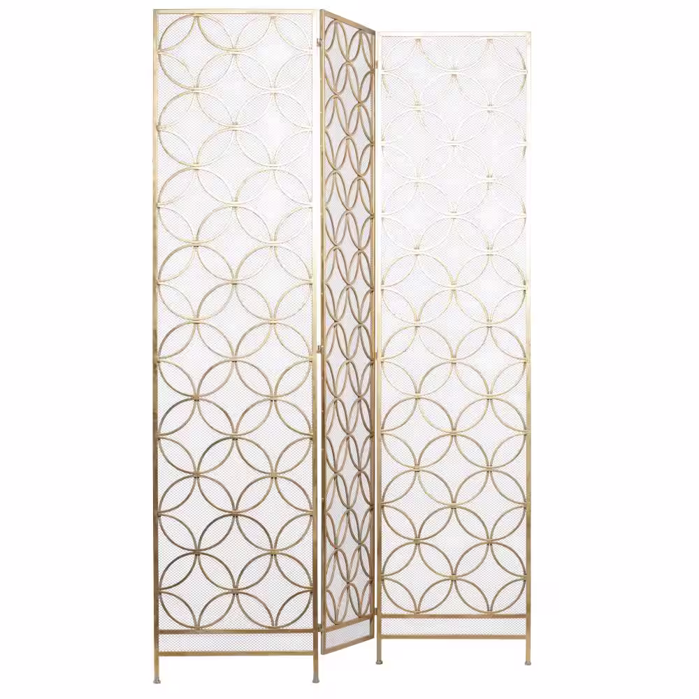 Litton Lane 7 ft. Brass 3 Panel Geometric Hinged Foldable Partition Room Divider Screen