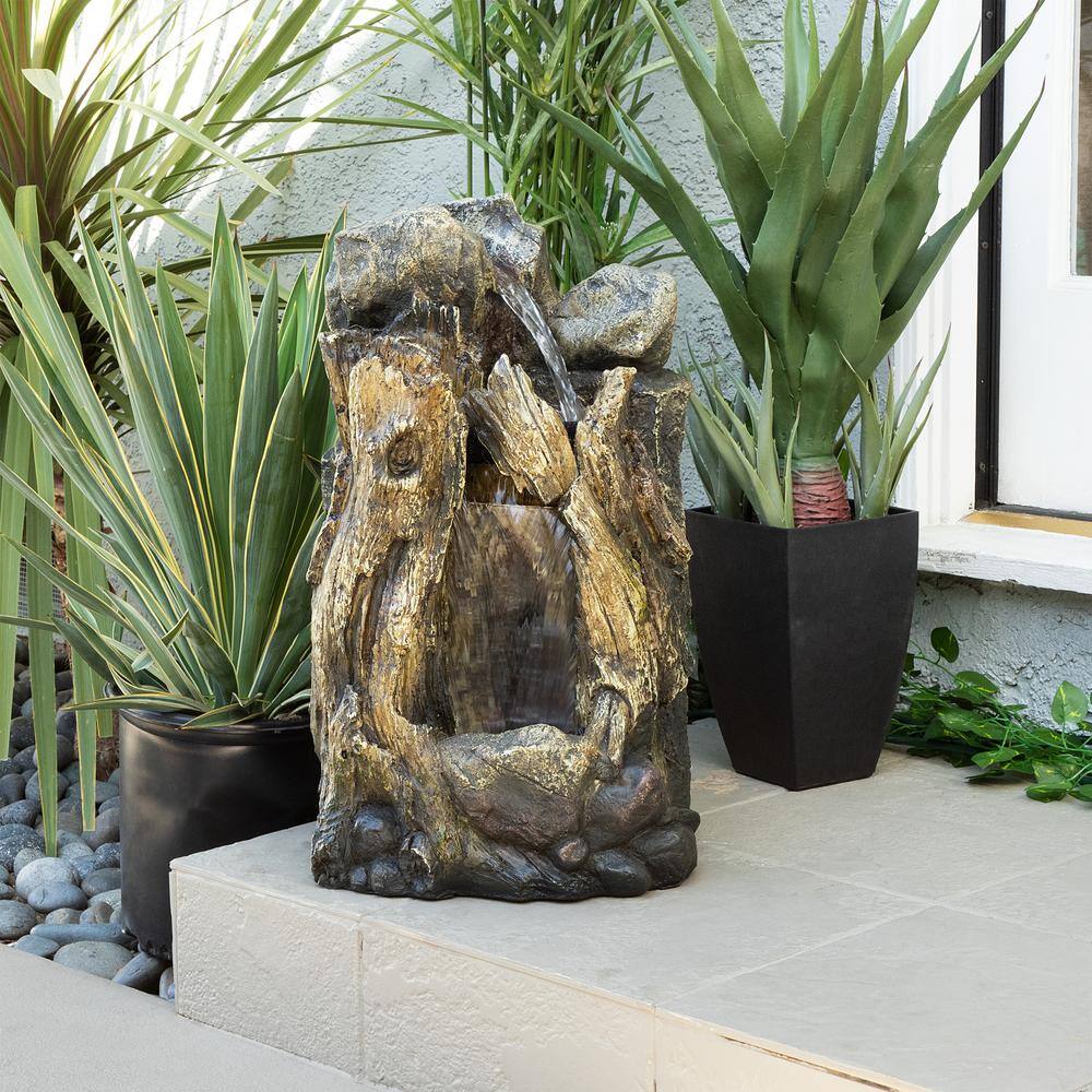 Alpine Corporation 22 in. Tall Outdoor Rainforest Tree Trunk and Stone Waterfall Fountain with LED Lights
