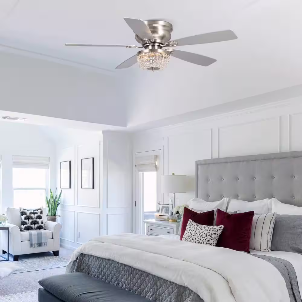 Parrot Uncle 48 in. Crystal Flush Mount Satin Nickel Ceiling Fan with Light Kit and Remote Control