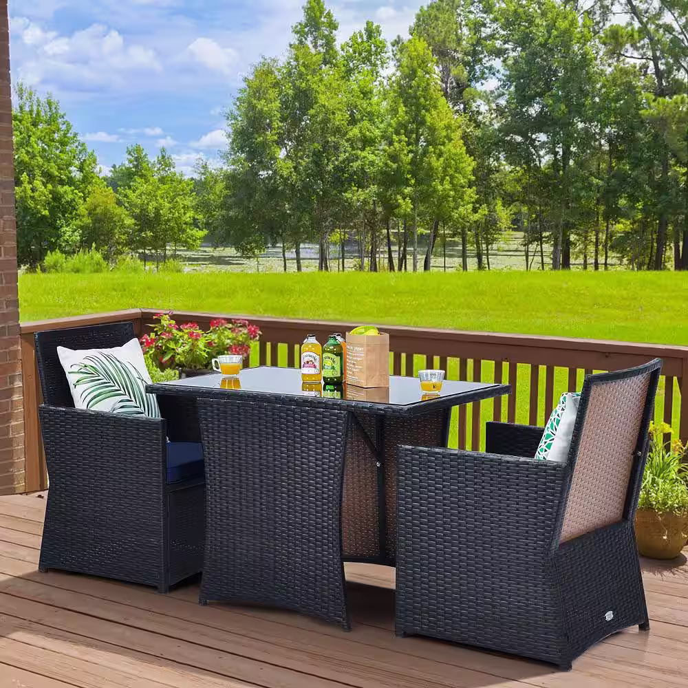 Gymax 3-Piece Wicker Outdoor Dining Patio Bistro Set PE Rattan Dining Table Set with Navy Cushions (3-Pack)