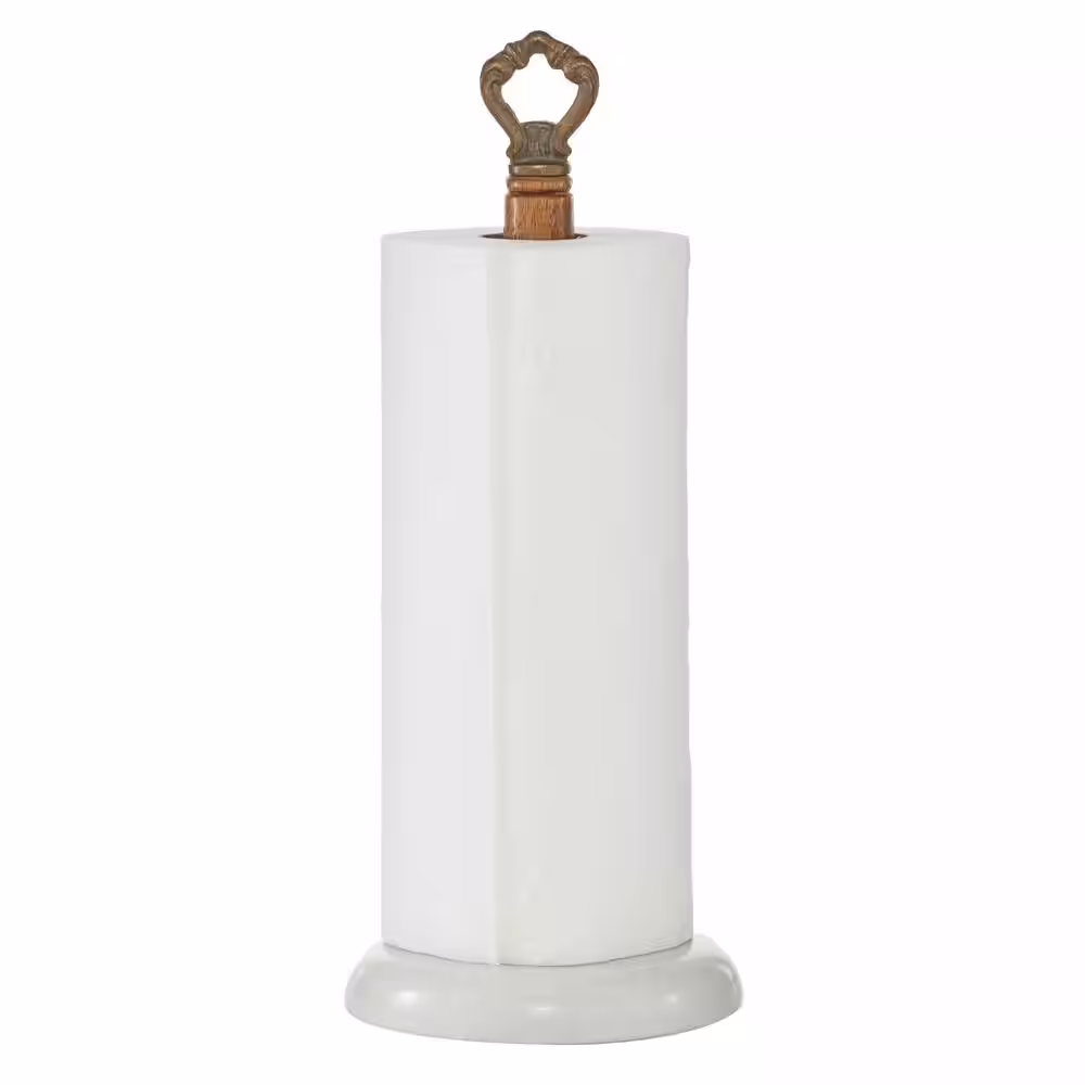 Litton Lane White Marble Paper Towel Holder with Wood Post
