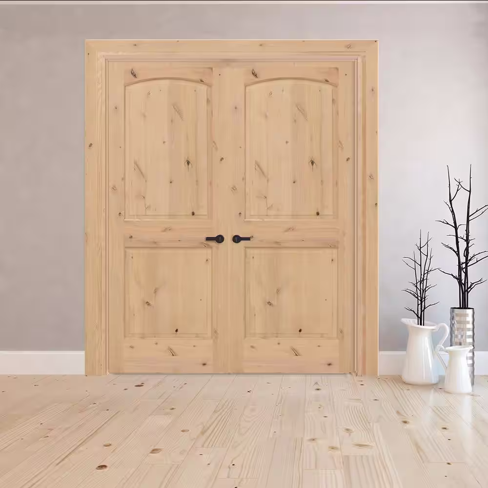 Steves & Sons 48 in. x 80 in. Universal 2P Round Top Unfinished Knotty Alder Double Prehung Interior French Door with Nickel Hinges