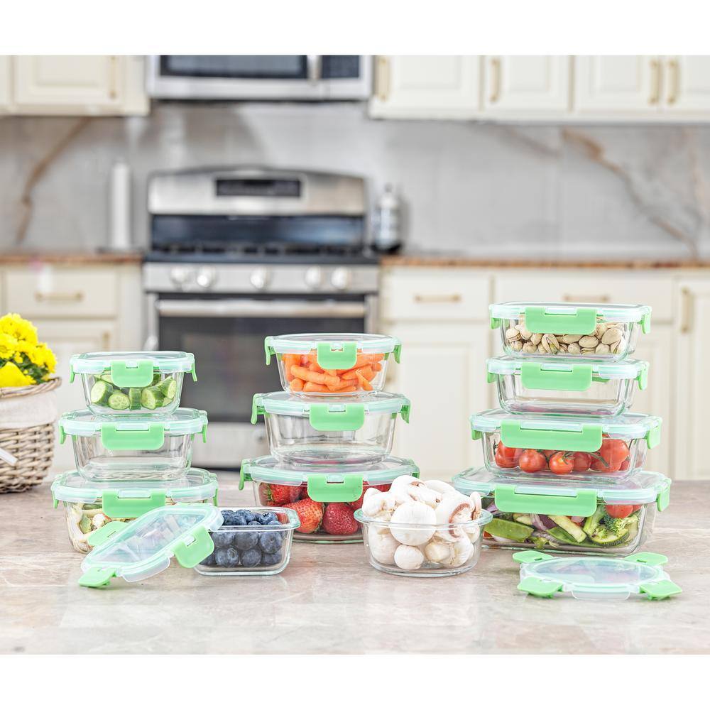 JoyJolt JoyFul 24-Piece Green Glass Storage Containers with Leakproof Lids Set