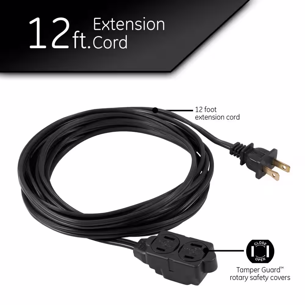 GE 12 ft. 2-Wire 16-Gauge 3-Outlet Black Polarized Indoor Extension Cord