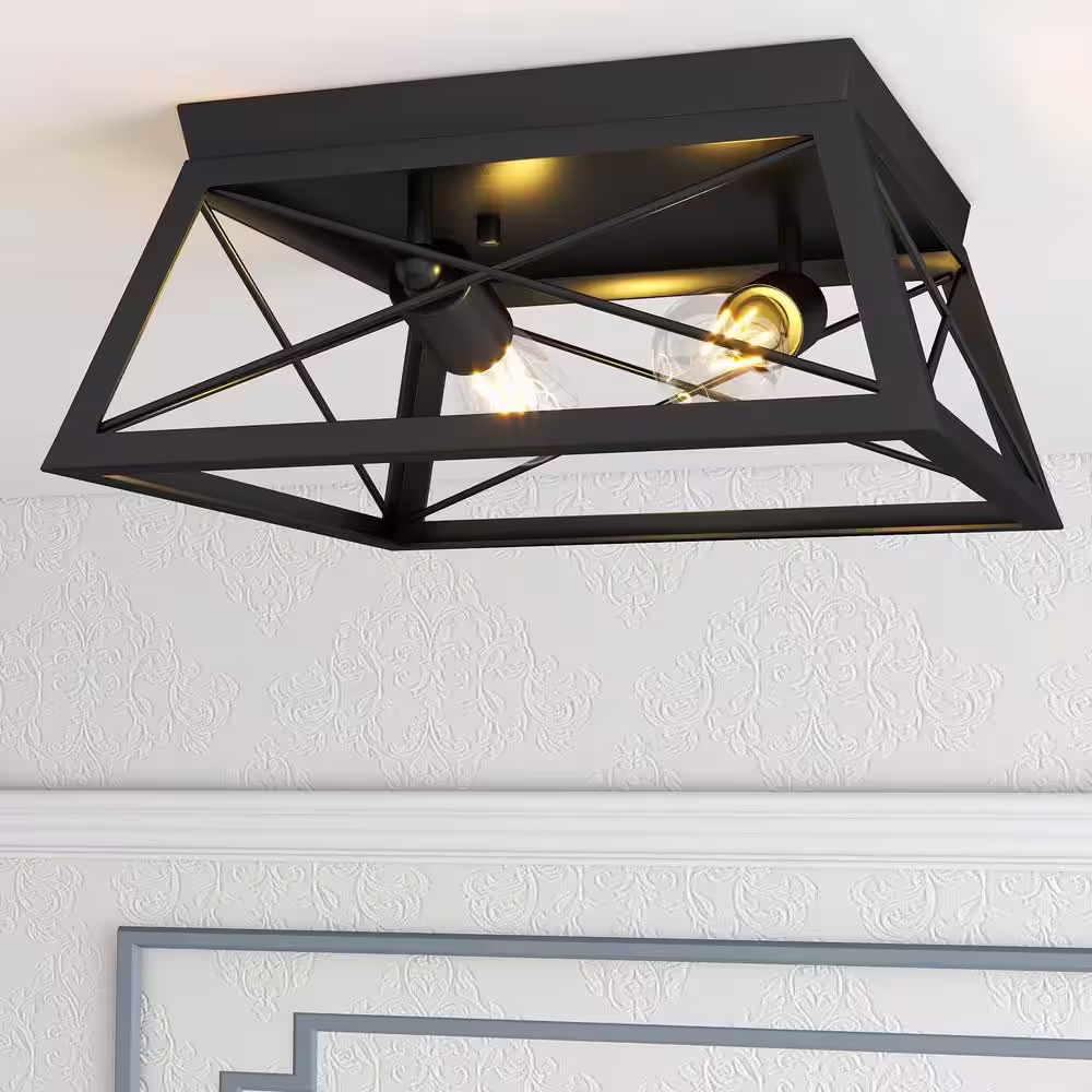 Pia Ricco 12 in. 2-Light Matte Black Flush Mount