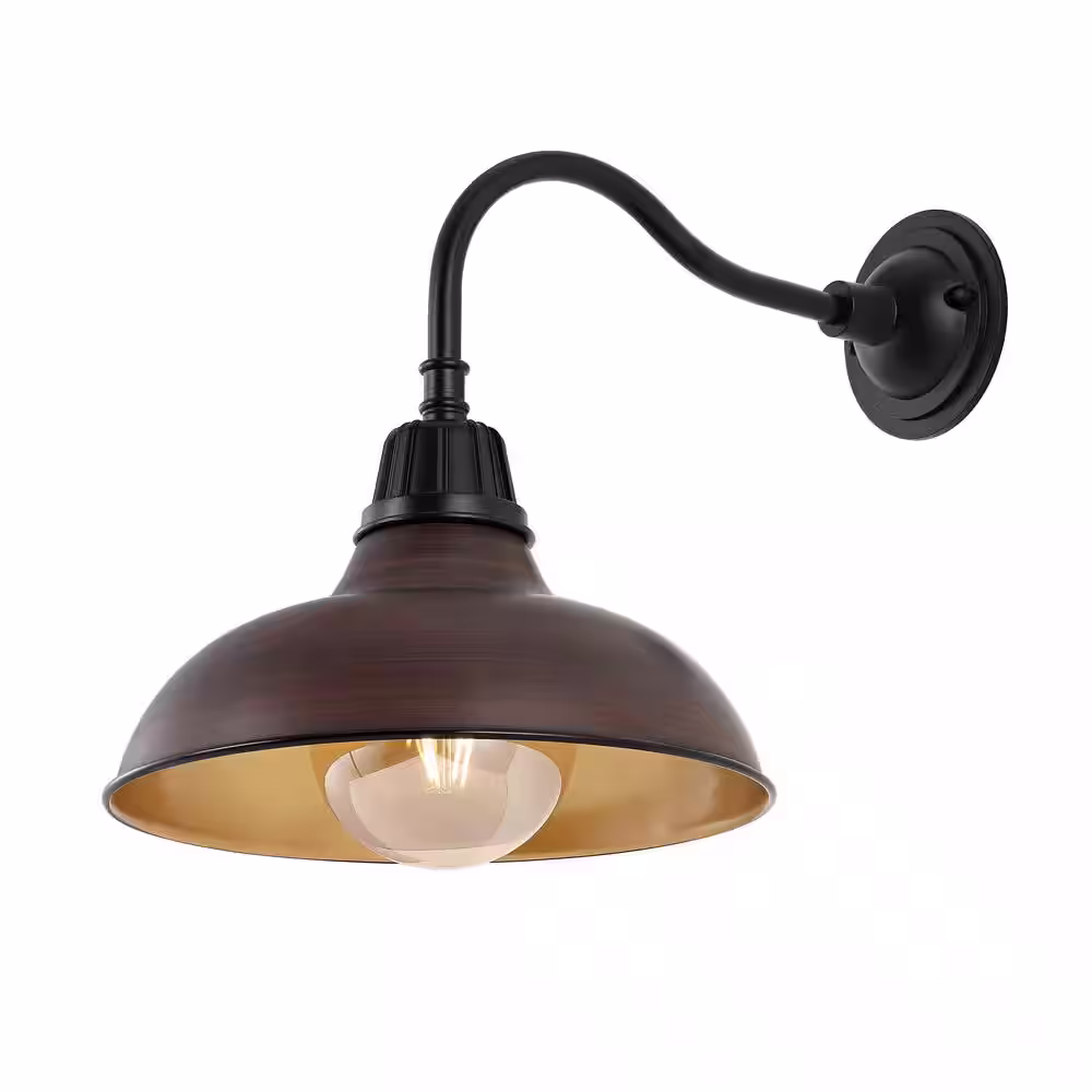 JONATHAN Y Aurora 12.25 in. Wood Finish/Copper 1-Light Farmhouse Industrial Indoor/Outdoor Iron LED Gooseneck Arm Outdoor Sconce