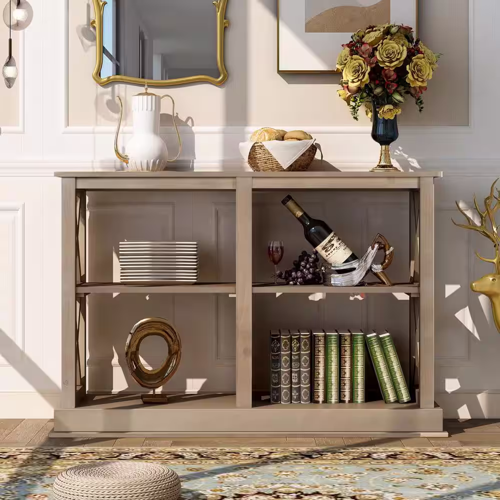 None 46 in.White Washed Sofa Table, Rectangle Wood Console Table with 3 Tier Open Storage & 