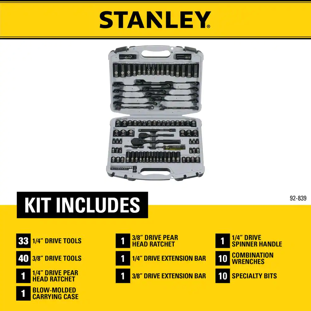 Stanley 1/4 in. & 3/8 in. Drive Black Chrome Laser Etched SAE & Metric Mechanics Tool Set (99-Piece)