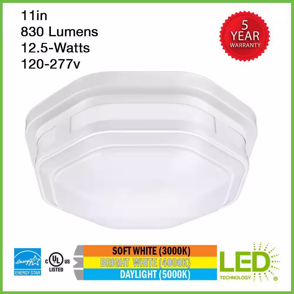 ETi 11 in. Octagon White Indoor Outdoor Ceiling LED Light 3 Color Temperature Options Wet Rated 830 Lumens Front Side Porch