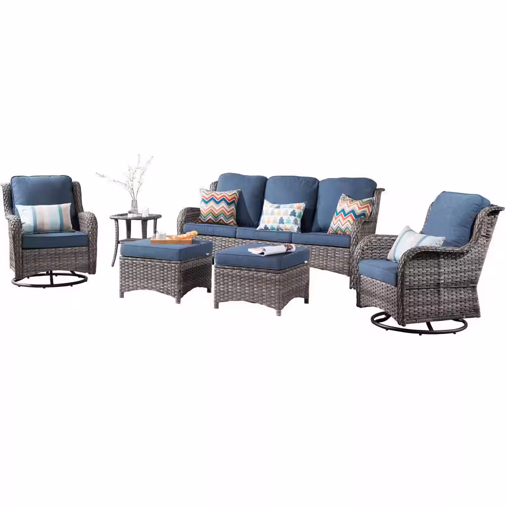 XIZZI Moonlight Gray 6-Piece Wicker Patio Conversation Seating Sofa Set with Denim Blue Cushions and Swivel Rocking Chairs
